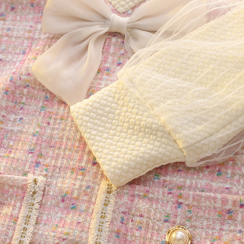 Wholesale Children's Spring Sweet Princess Mesh Bubble Sleeves Round Neck Bow Dress Baby Clothes